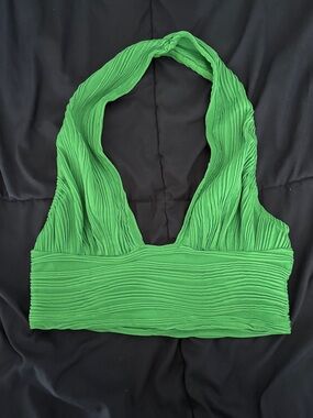 Green Textured Halter Crop Top